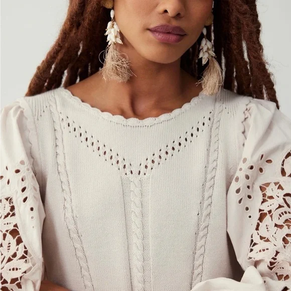 NWoT By Anthropologie Cutwork Puff-Sleeve Sweater women color pearl size Small - Picture 2 of 16